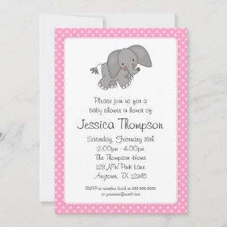Invitación Baby Shower de puntos de polka rosa para elefantes