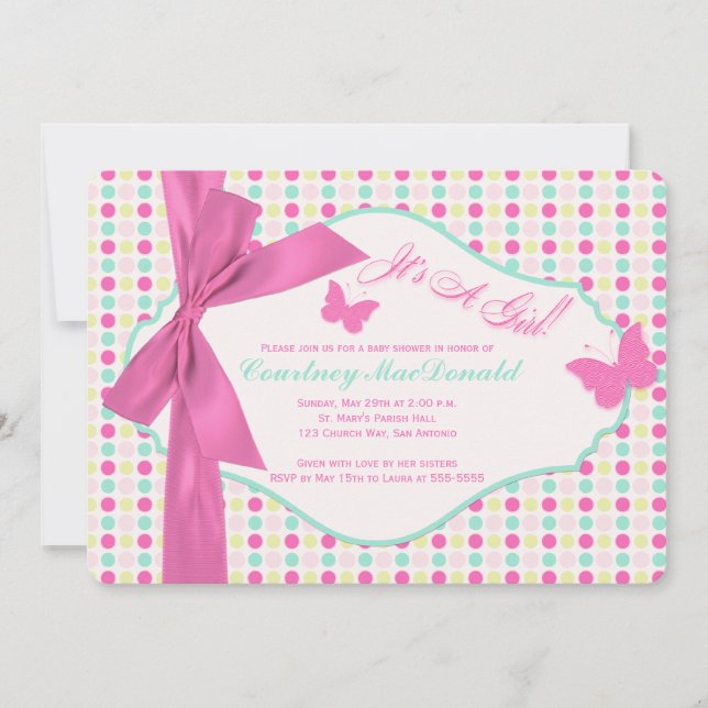 Invitación Baby Shower de puntos de polka rosado blanco de BO (Anverso)