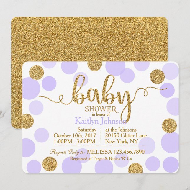 Invitación Baby Shower de puntos dispersos de lavanda de Purp (Anverso / Reverso)