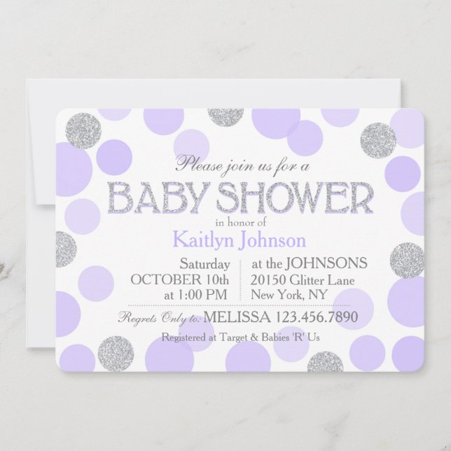 Invitación Baby Shower de puntos dispersos de lavanda Purpuri (Anverso)