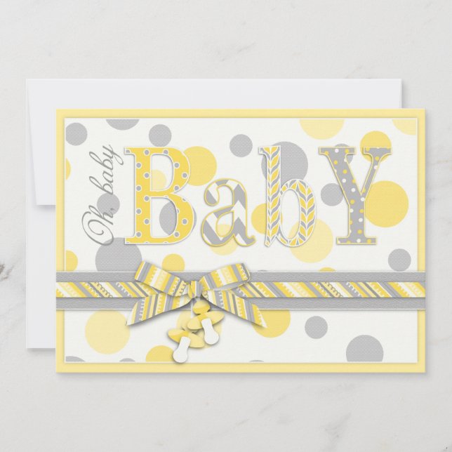 Invitación Baby Shower de puntos gris amarillo bebé (Anverso)