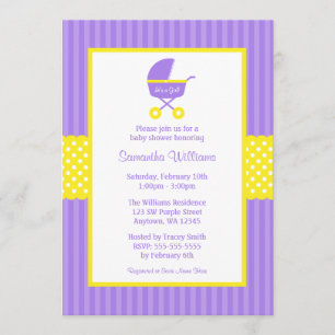 Invitación Baby Shower de puntos rayados morados