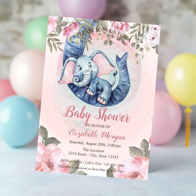 Invitación Baby Shower de puntos rosados florales de elefante (Subido por el creador)