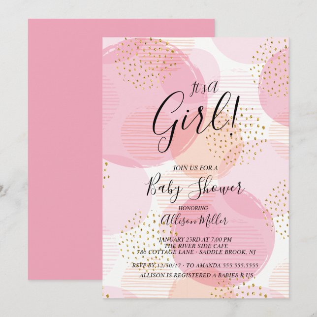 Invitación Baby Shower de puntos rosados y dorados (Anverso / Reverso)