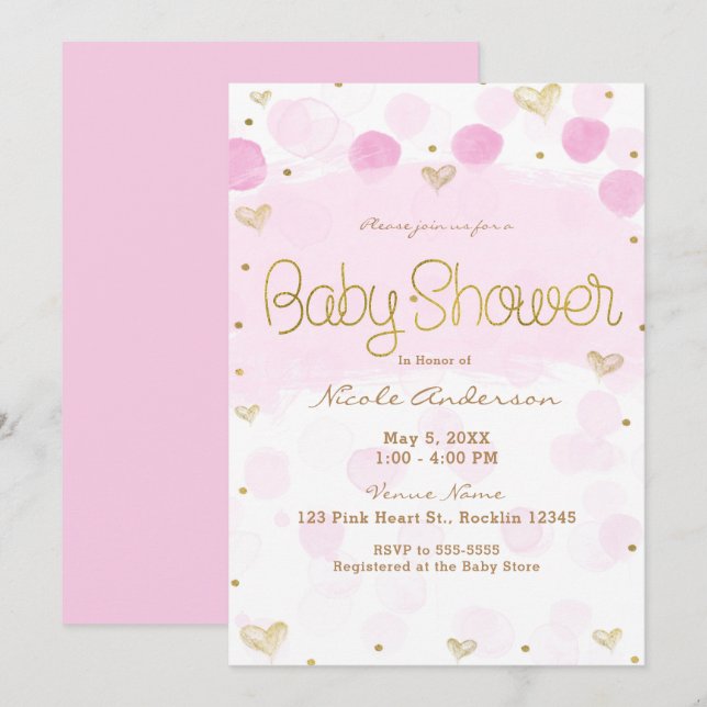 Invitación Baby Shower de puntos y corazones blancos de polka (Anverso / Reverso)