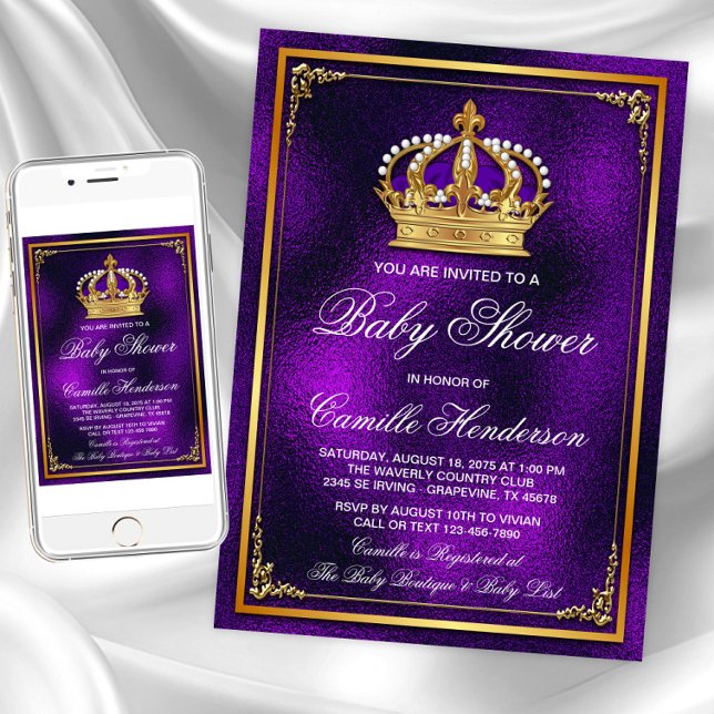 Invitación Baby Shower de Purple Gold Prince (Purple gold princess baby shower invitations. Instant download and printed invitations available.)