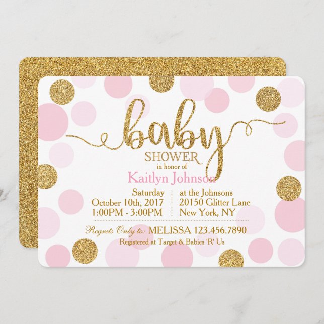 Invitación Baby Shower de Purpurina de oro y puntos dispersos (Anverso / Reverso)