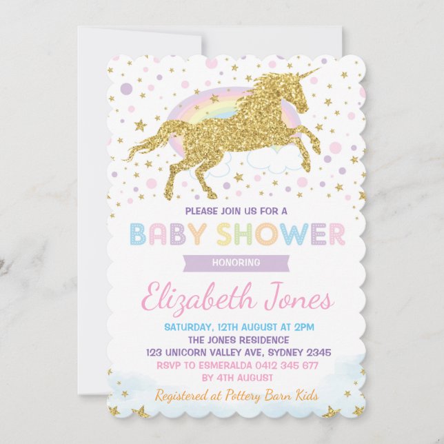 Invitación Baby Shower de Rainbow Gold Unicorn / Estrellas má (Anverso)