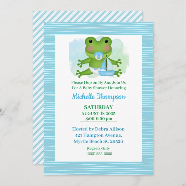 Invitación Baby Shower de rana azul y verde (Anverso / Reverso)