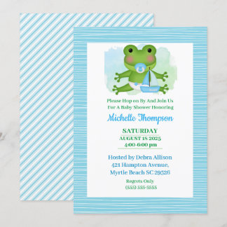 Invitación Baby Shower de rana azul y verde