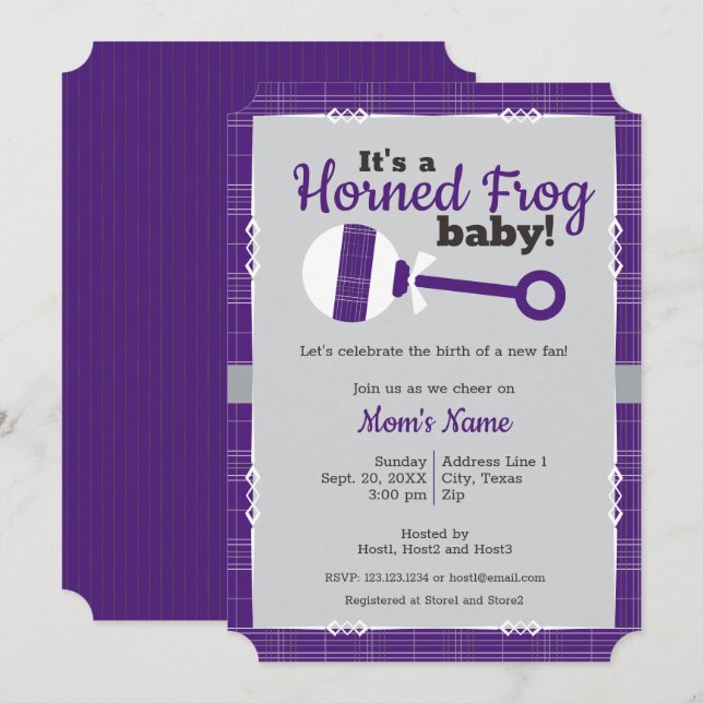 Invitación Baby Shower de rana con cuerno de rollo morado (Anverso / Reverso)