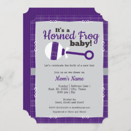 Invitación Baby Shower de rana con cuerno de rollo morado