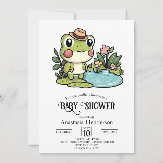 Invitación Baby Shower de rana cuta encantada (Anverso)
