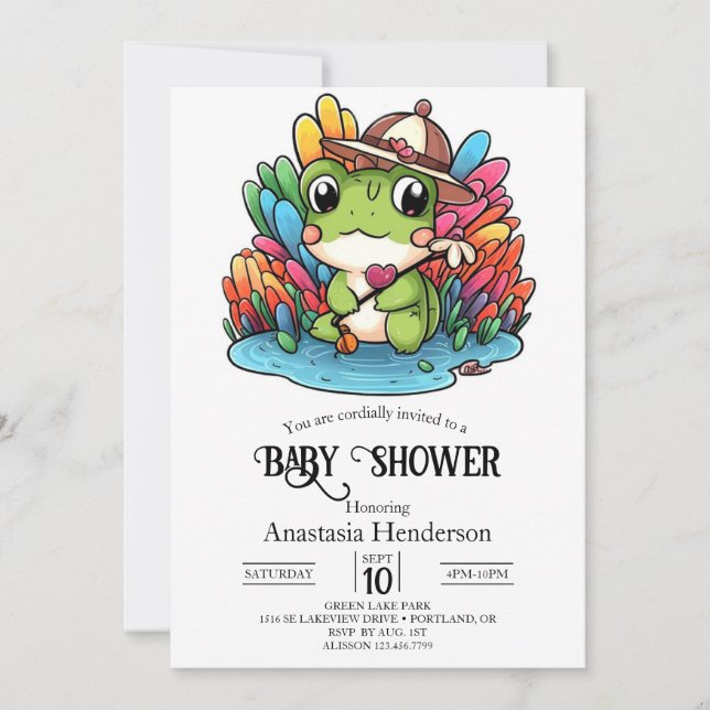 Invitación Baby Shower de rana feliz (Anverso)