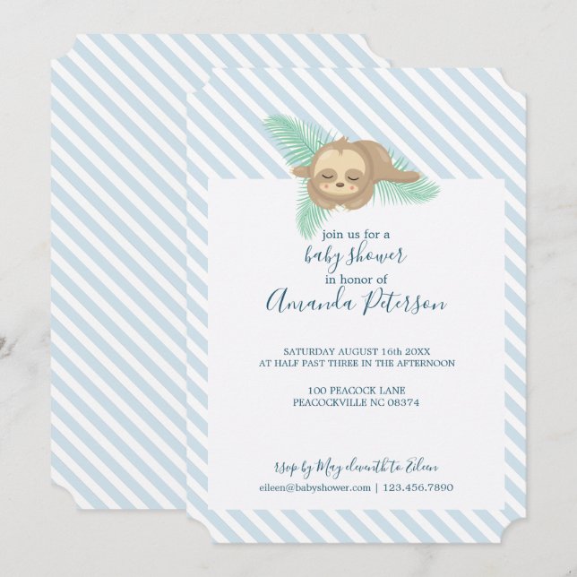 Invitación Baby Shower de ranura para niños con franja azul y (Anverso / Reverso)