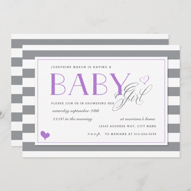 Invitación Baby Shower de raya gris y blanco + morado de lava (Anverso / Reverso)