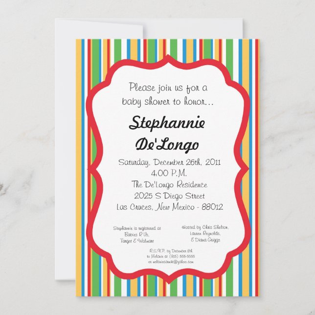 Invitación Baby Shower de rayas multicoloreadas 5x (Anverso)
