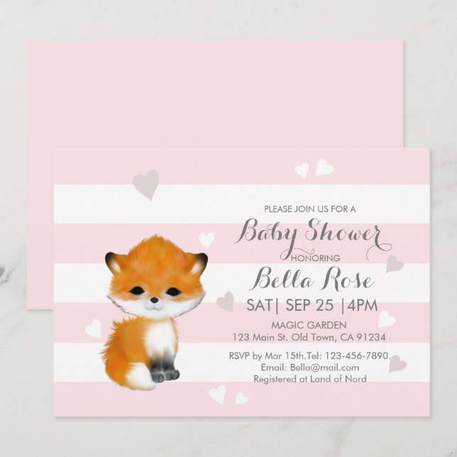 Invitación Baby Shower de rayas rosadas Heart Fox (Anverso / Reverso)