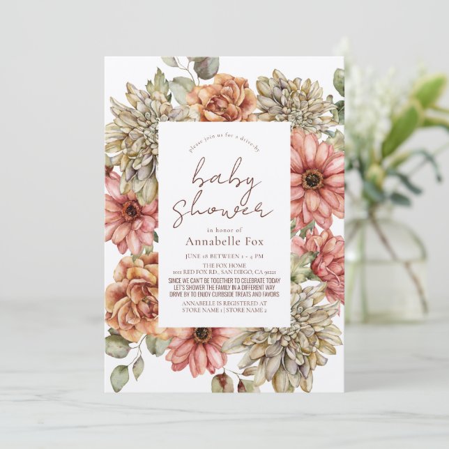 Invitación Baby Shower de Red Gerbera y White Dahlia Drive (Anverso de pie)