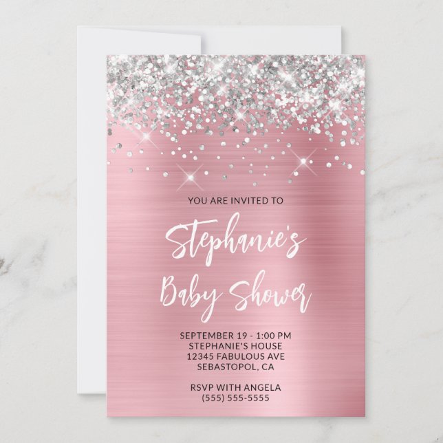 Invitación Baby Shower de registro en línea de glam rosado y  (Anverso)