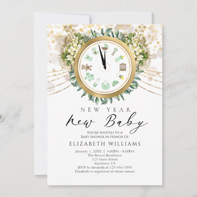 Invitación Baby Shower de reloj de Recién nacido de Año Nuevo (Anverso)