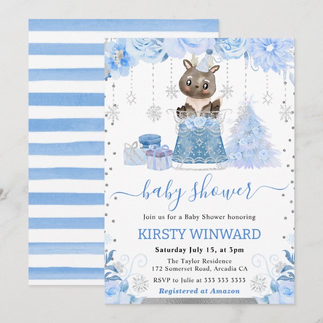 Invitación Baby Shower de reno ártico acuarela (Anverso / Reverso)