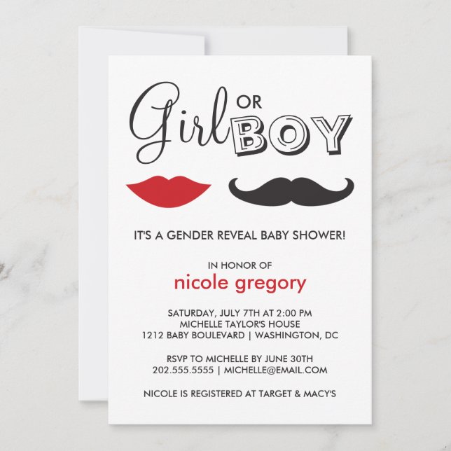 Invitación Baby Shower de revelación de género (Anverso)