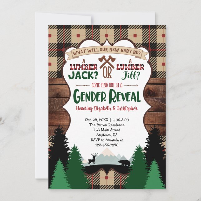 Invitación Baby Shower de revelación de género de Lumberjack (Anverso)