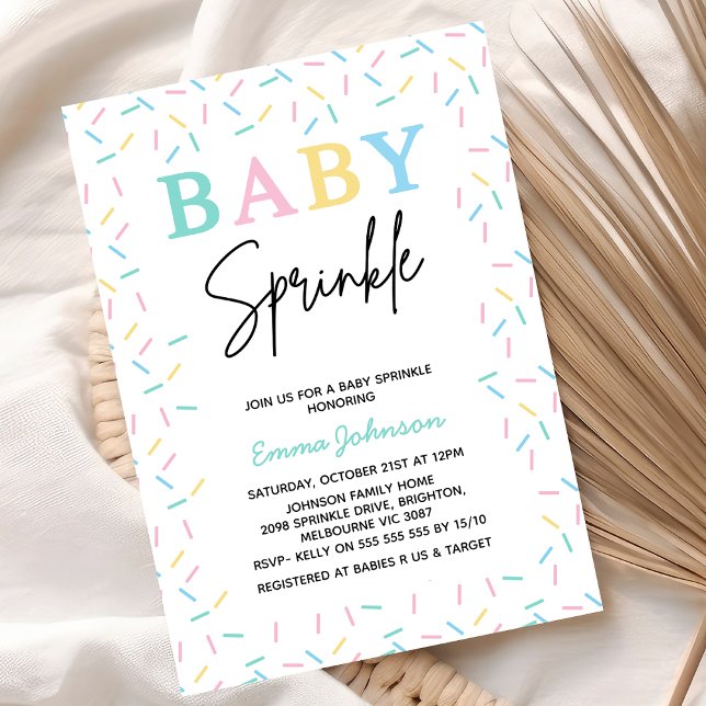 Invitación Baby Shower de rociado de bebé moderno multicolor (Multicolored Baby Sprinkle baby Shower Invitation, Gender Neutral baby Sprinkle baby Shower Invite)