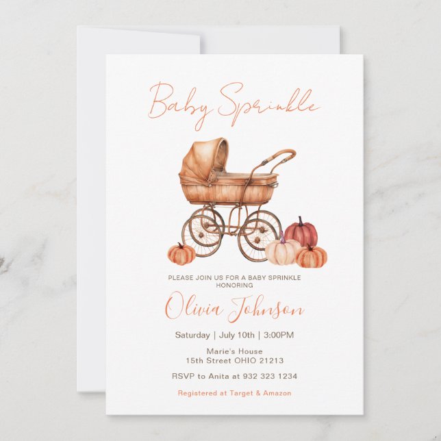Invitación Baby Shower de rociador de calabaza para otoño (Anverso)