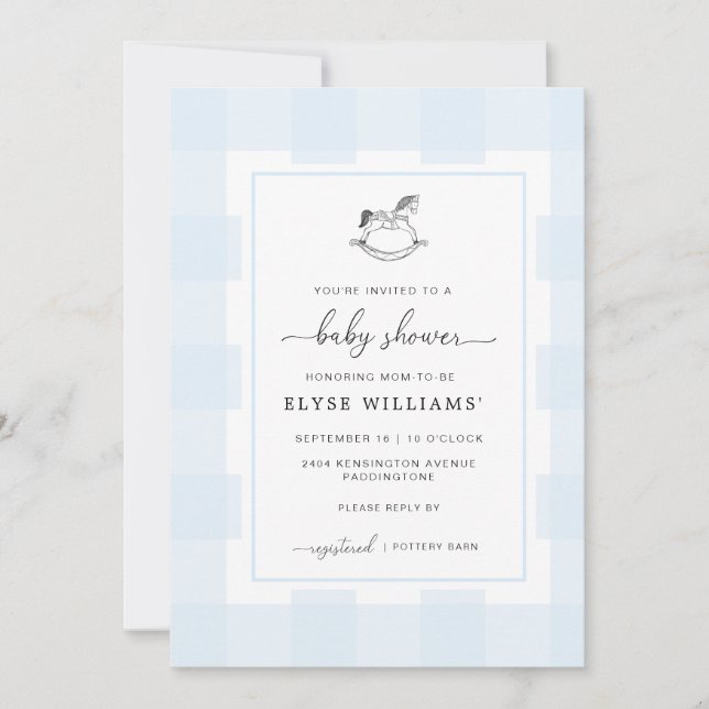 Invitación Baby Shower de Rocking Horse Blue Gingh (Anverso)