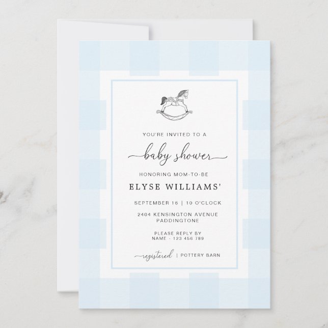 Invitación Baby Shower de Rocking Horse Blue Gingh (Anverso)
