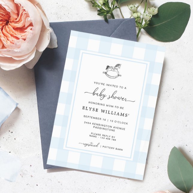 Invitación Baby Shower de Rocking Horse Blue Gingh (Baby Shower Invitation Blue Gingham Rocking Horse)