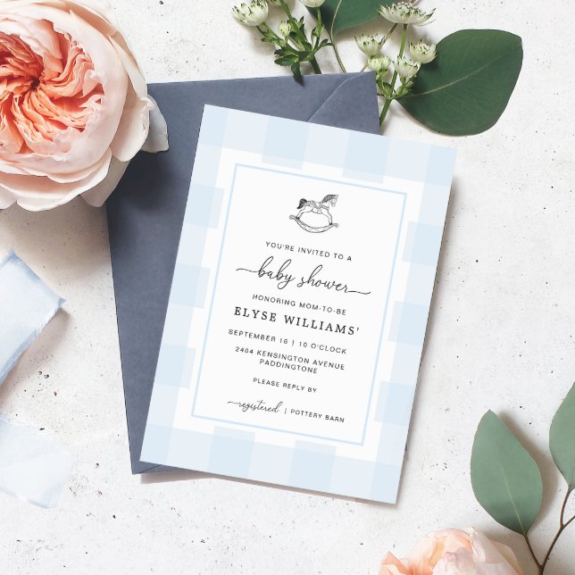 Invitación Baby Shower de Rocking Horse Blue Gingh (Baby Shower Invitation Glue Gingham check Rocking Horse )
