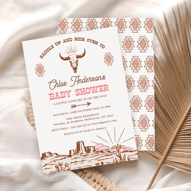 Invitación Baby Shower de rodeo occidental de la tribu rosa d (Boho Cowgirl Baby Shower Invitation, Tribal Western Wild West Rodeo Baby Shower Invitation Girl)