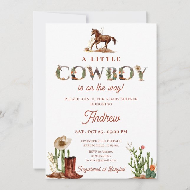 Invitación Baby Shower de Rodeo Personal Western Cowboy (Anverso)