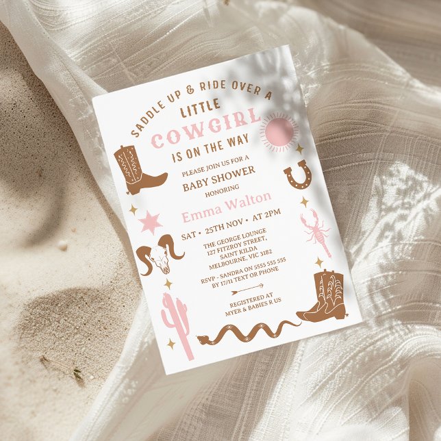 Invitación Baby Shower de Rodeo Rodeo Marrón Rosa Moderno (Little Cowgirl Baby Shower Invitation, Western baby Shower Invitation Girl, Western, Southern, Wild )