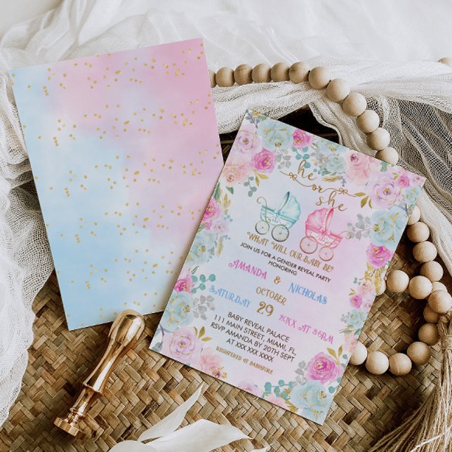 Invitación Baby Shower de rollos azules rosados revelados por (Subido por el creador)