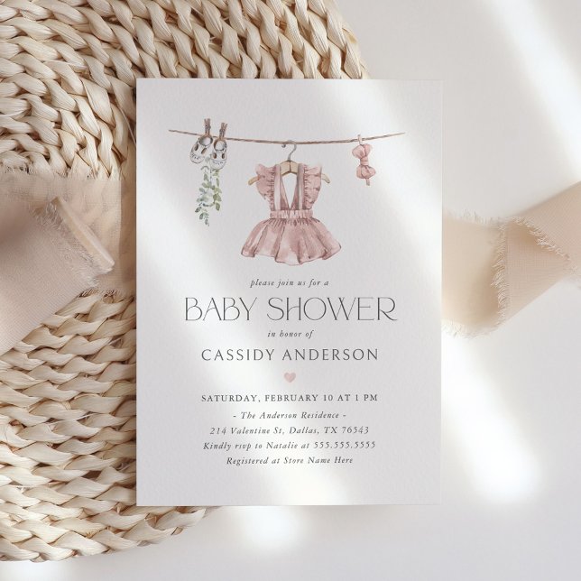 Invitación Baby Shower de ropa de bebé de boho rosa (Subido por el creador)
