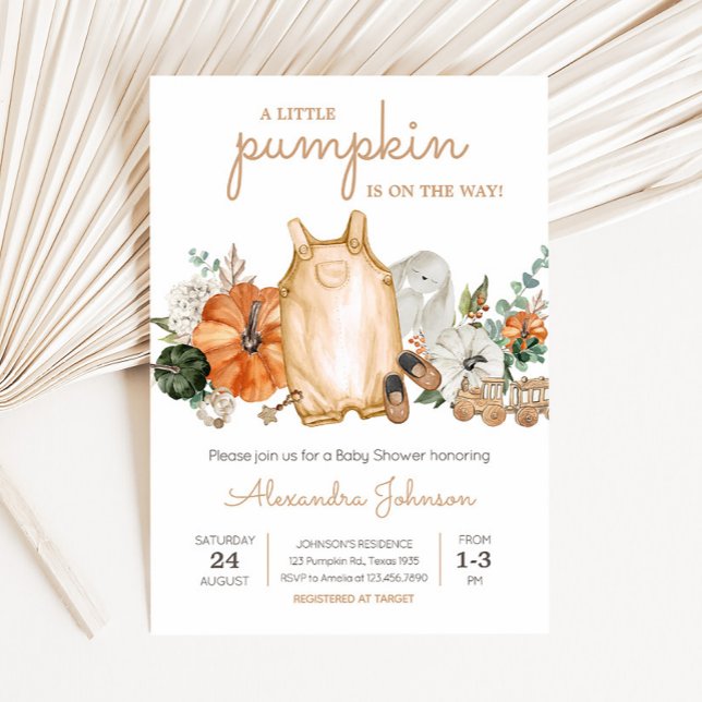 Invitación Baby Shower de ropa de bebé de calabaza de otoño (Gender Neutral Baby Clothes Pumpkin Baby Shower invitation)