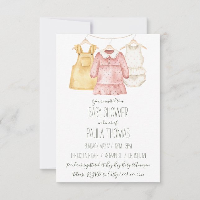 Invitación Baby Shower de ropa de bebé de chica (Anverso)