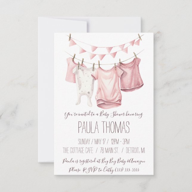Invitación Baby Shower de ropa de bebé de chica (Anverso)