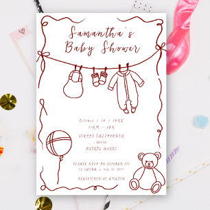 Invitación Baby Shower de ropa de bebé dibujada a mano