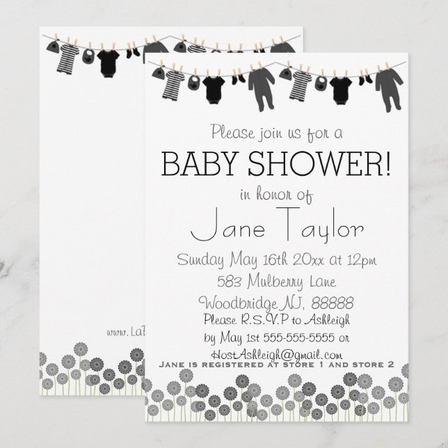 Invitación Baby Shower de Ropa Gris y Negra (Anverso / Reverso)