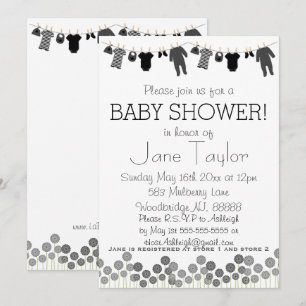 Invitación Baby Shower de Ropa Gris y Negra