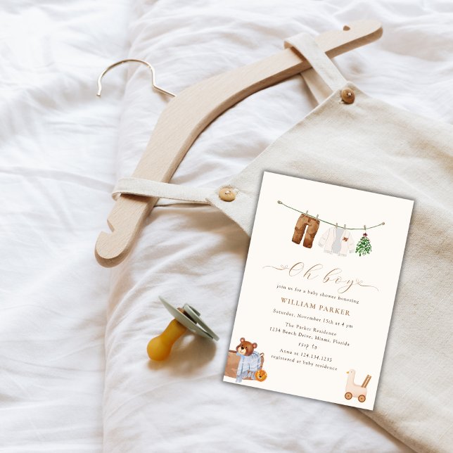 Invitación Baby Shower de ropa mínima de boho Oh Boy Toy (Minimal Boho Oh Boy Toy Clothes Baby Shower Invitation)