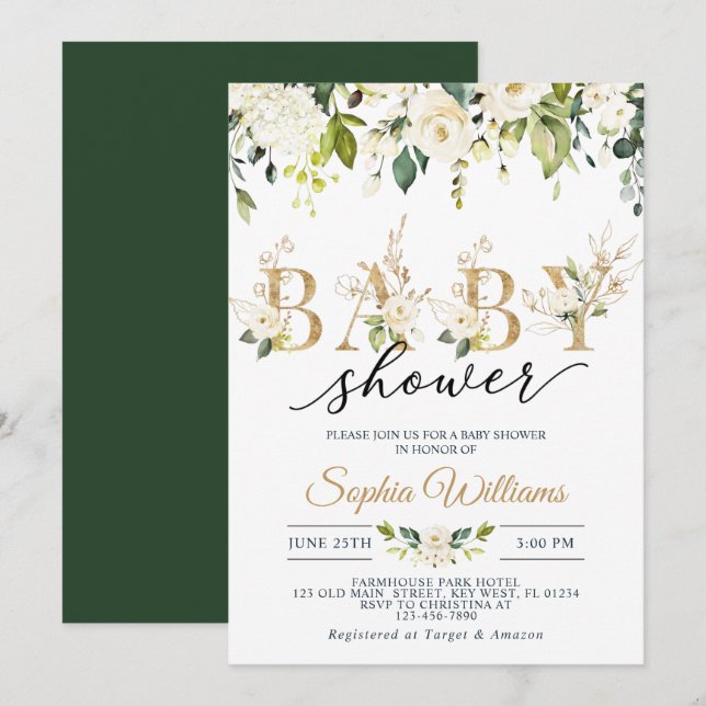 Invitación Baby Shower de rosa blanca y eucalipto de oro (Anverso / Reverso)