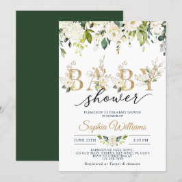 Invitación Baby Shower de rosa blanca y eucalipto de oro