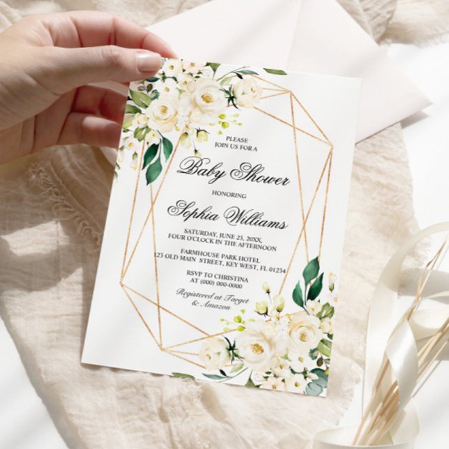 Invitación Baby Shower de rosa blanco y verde (Subido por el creador)
