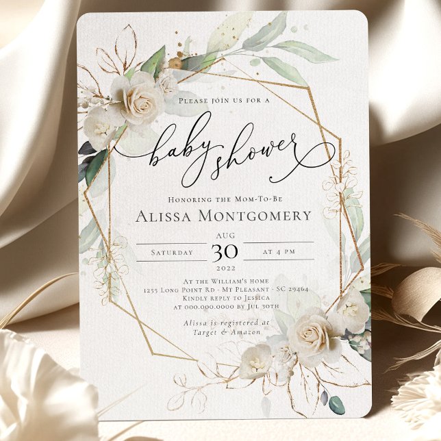 Invitación Baby Shower de rosas blancas geométrica (Subido por el creador)